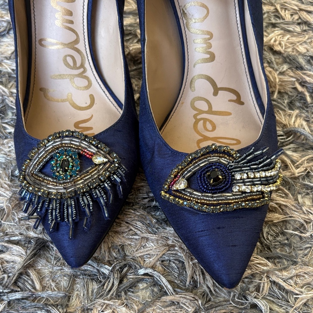 Sam Edelman Navy Beaded Pointed Toe Ankle Strap Heels Size 6 Limited Edition - Picture 2 of 16